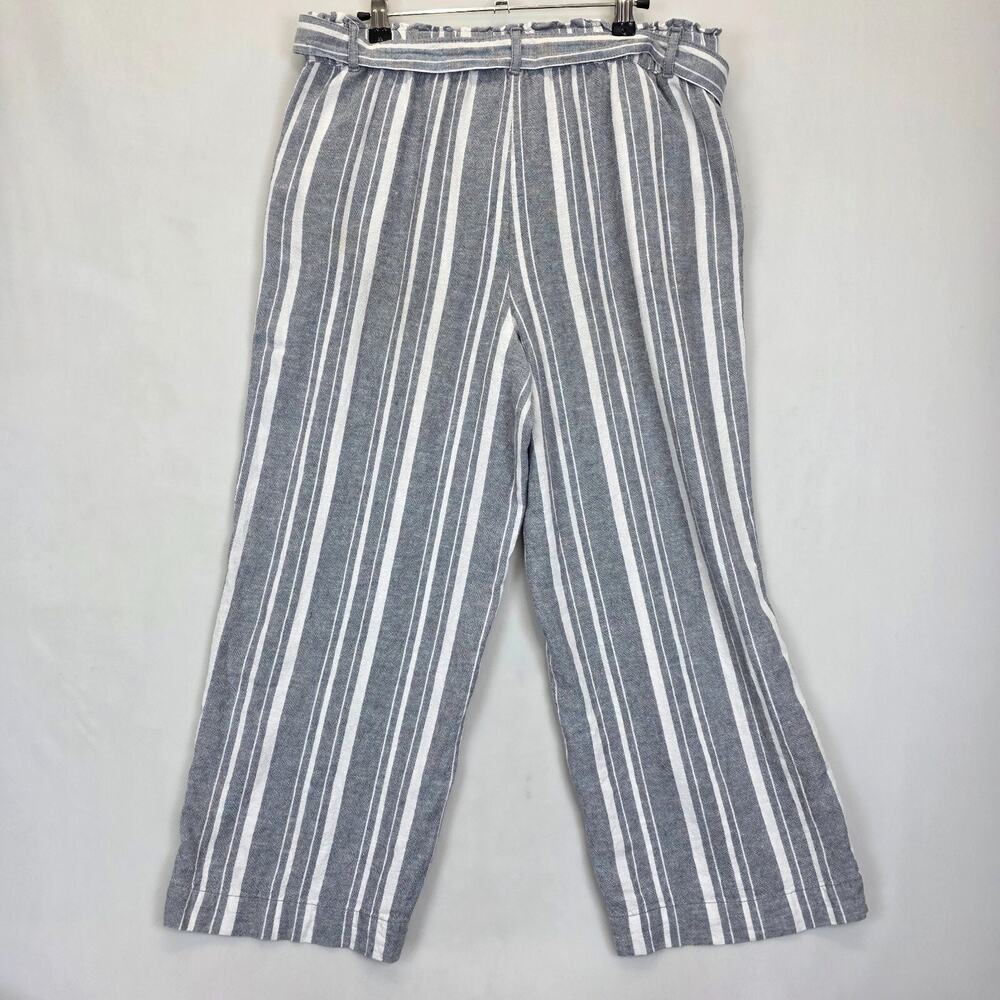 Loft Wide Leg Linen Pants Women M Gray White Striped Slash Pockets Tie Waist - Picture 2 of 11